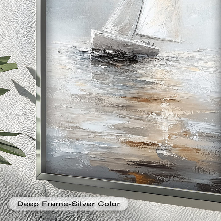 Sailing Through the Mist – White Boat Oil Painting