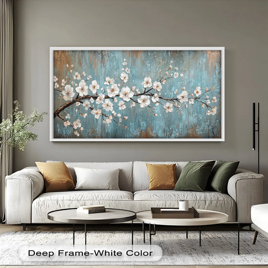 Softly painted white blossoms gently rest against a textured blue backdrop in this beautiful oil painting art piece, creating a calming flower art print.