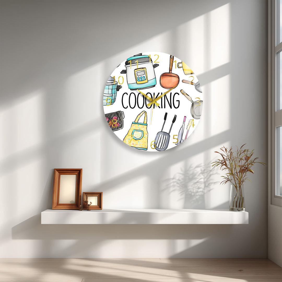 Colorful Cooking Glass Wall Clock – Kitchen Utensil Decor