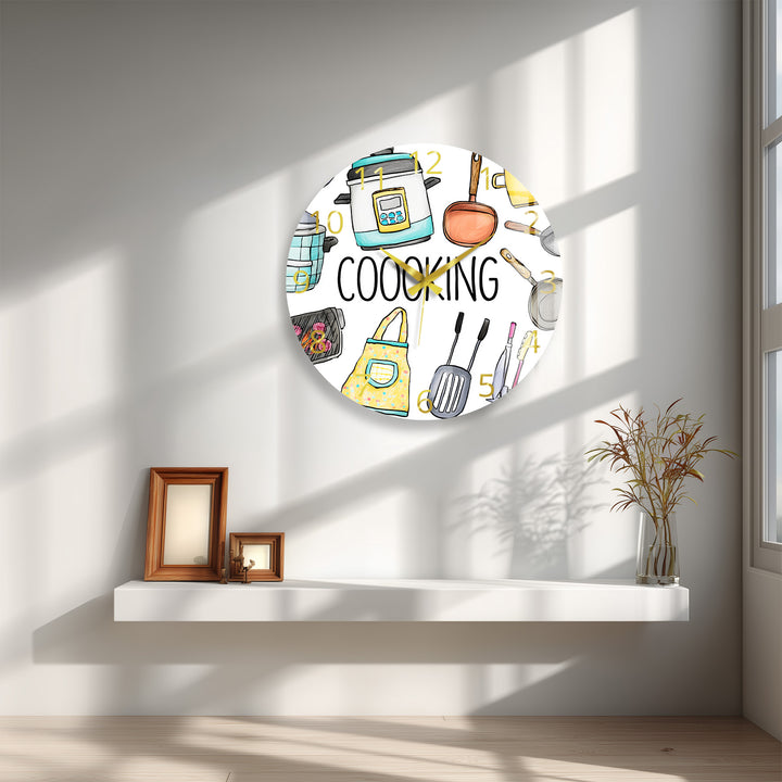 Colorful Cooking Glass Wall Clock – Kitchen Utensil Decor