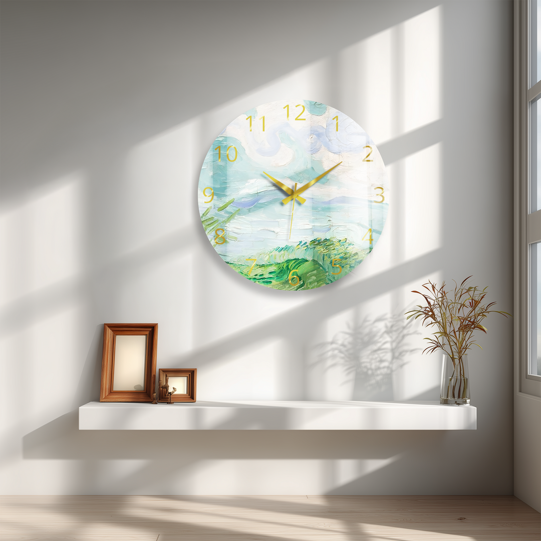 Pastellfarbene Küstenwanduhr aus Glas – abstrakte Meereslandschaftskunst