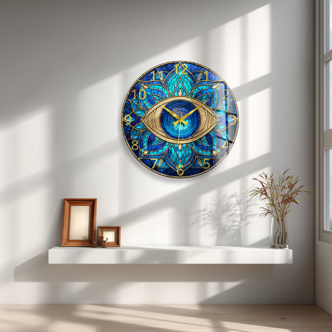 Evil Eye Glass Wall Clock – Blue Mandala Wall Decor