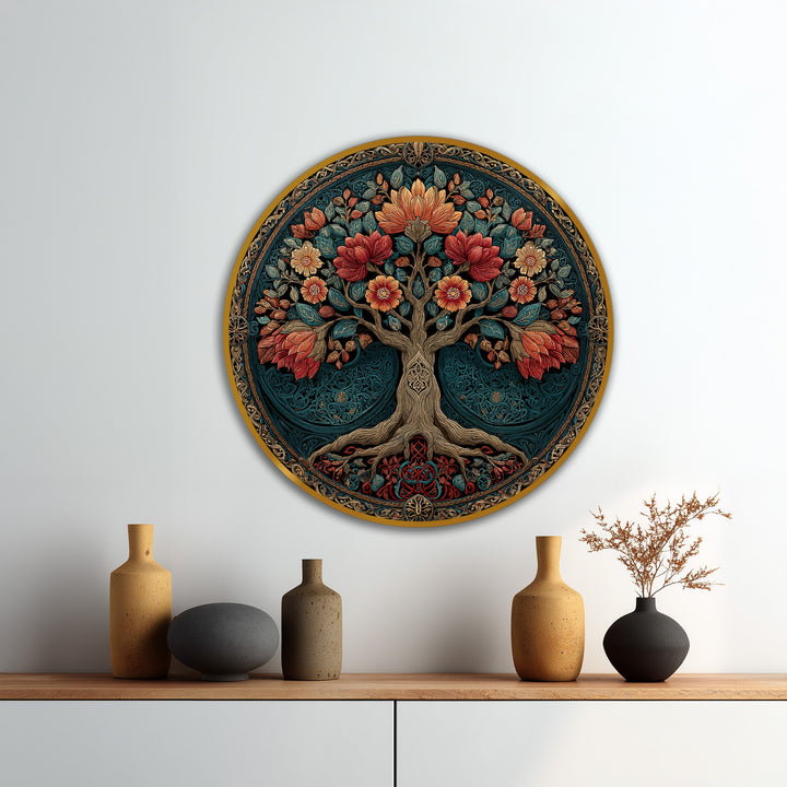 Fine artistry showcases the ornate bloom tree in this round wooden oil painting decoration, a testament to quality and detailed craft.