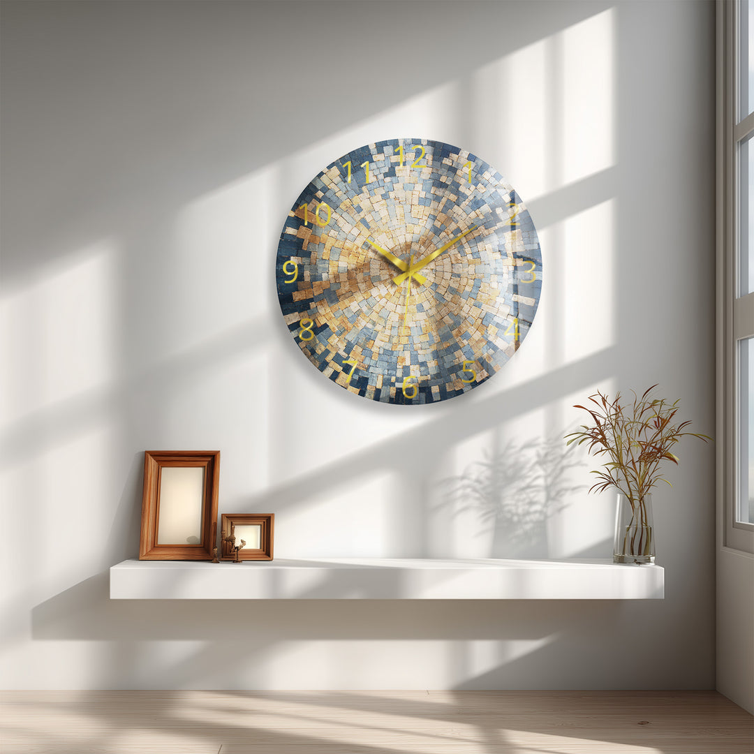 Blue Mosaic Glass Wall Clock – Beige Geometric Circle Art Decor