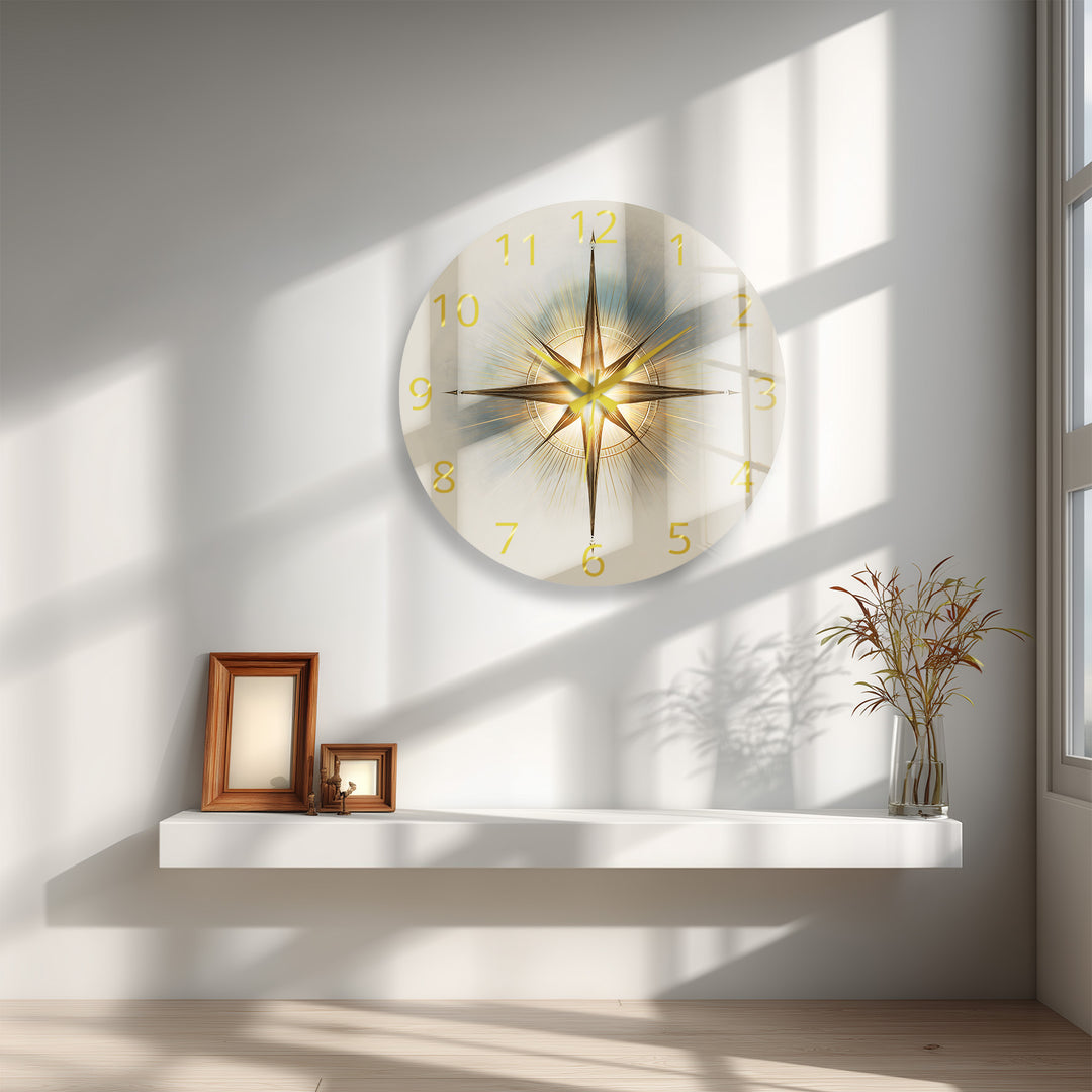 Gold Compass Rose Glass Wall Clock – Elegant Nautical Decor