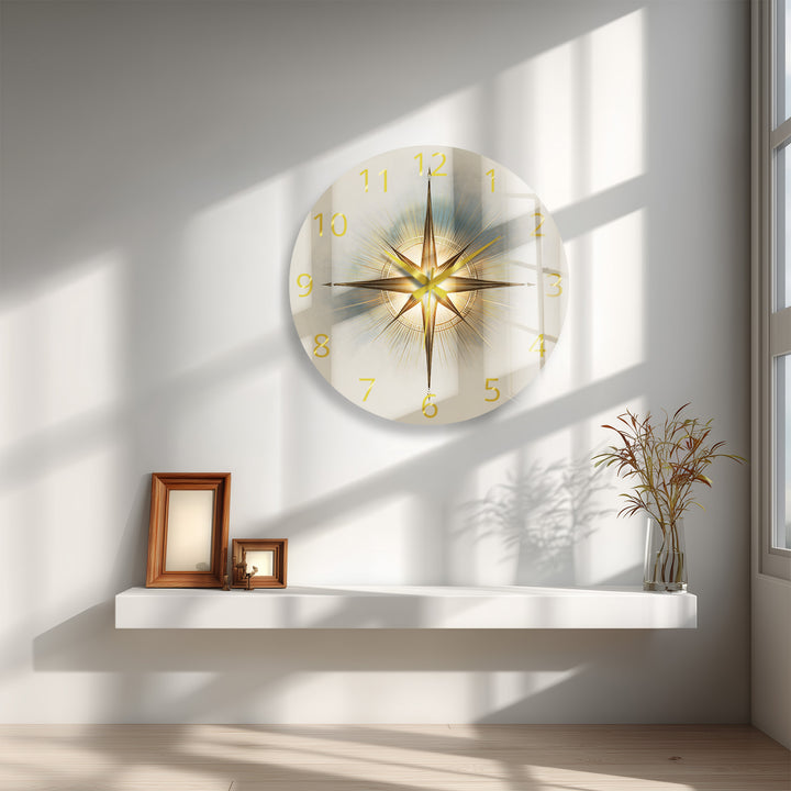Gold Compass Rose Glass Wall Clock – Elegant Nautical Decor