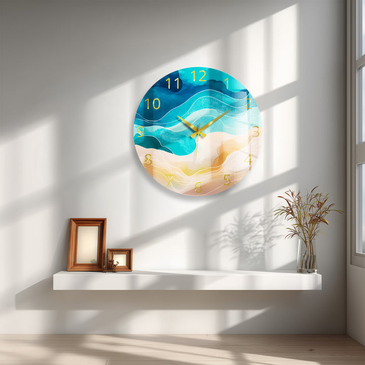 Abstract Coastal Glass Wall Clock – Blue Ocean Wave Decor