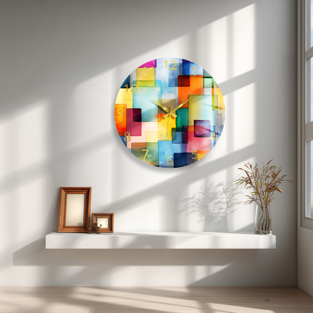 Colorful Geometric Glass Wall Clock – Abstract Color Block Art
