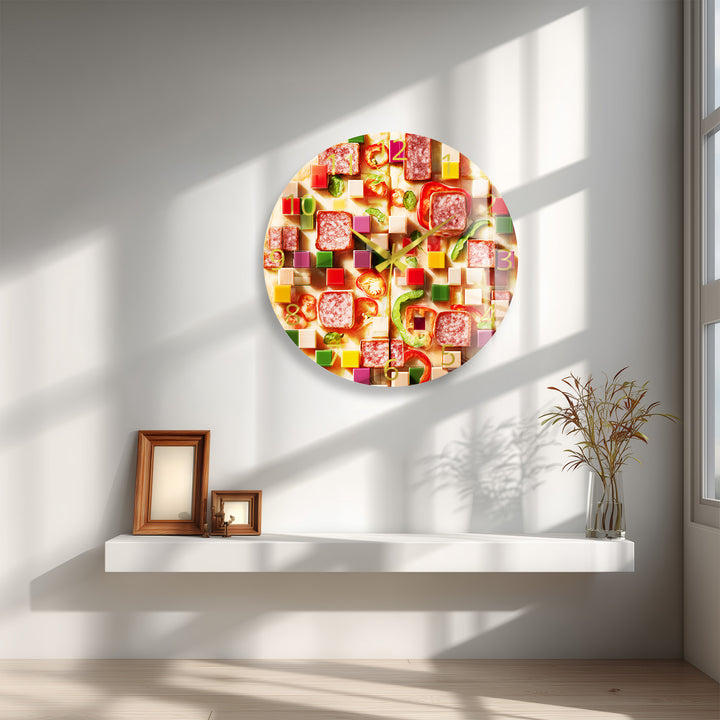 Pizza Glass Wall Clock – Colorful Kitchen Food Decor