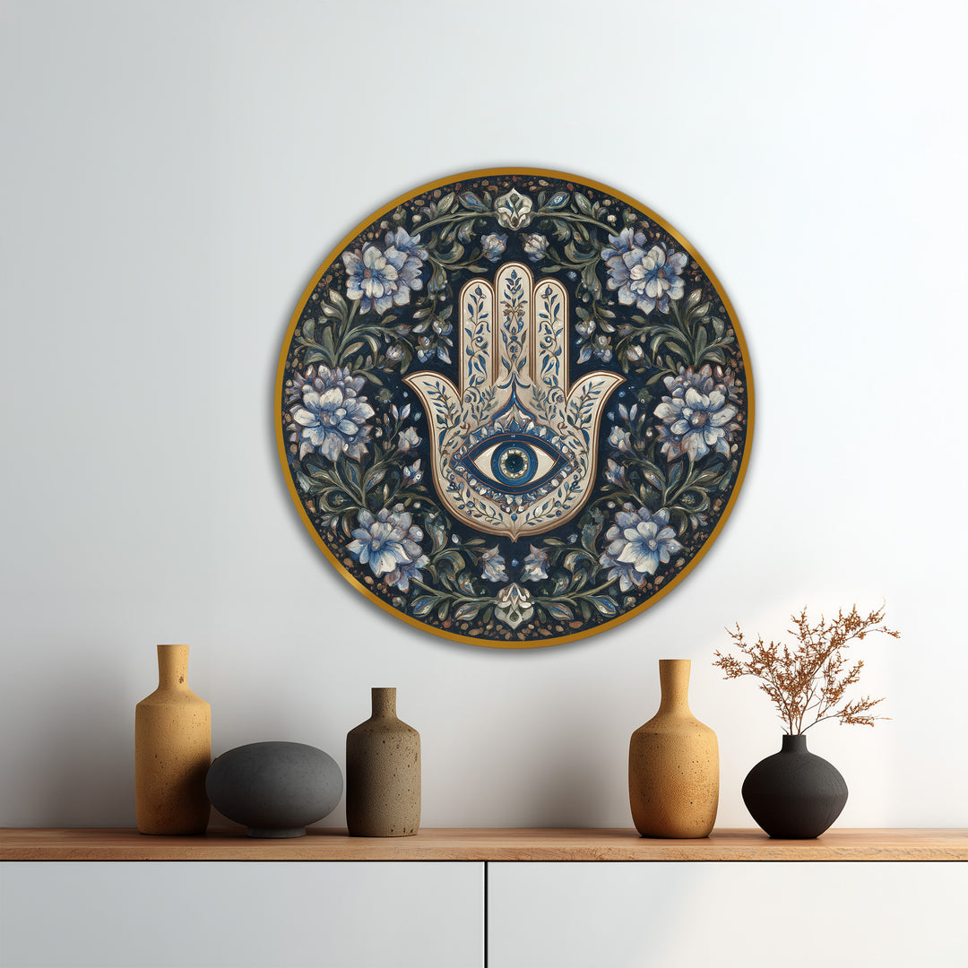 Foreground vases and a small arrangement complement the symbolic floral Hamsa round oil painting on wood, accentuating the oil painting art prints.