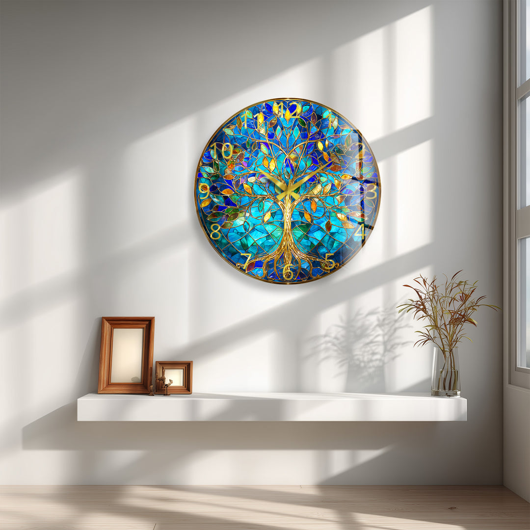 Blue Tree of Life Glass Wall Clock – Gold Stained Glass Style