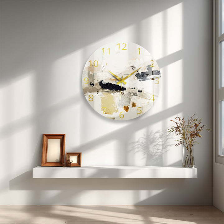 Neutral Abstract Glass Wall Clock – Black and Beige Modern Art