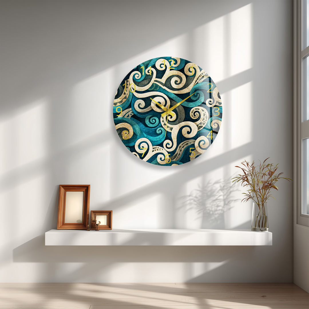 Teal Spiral Glass Wall Clock – Blue and Beige Abstract Swirl Art