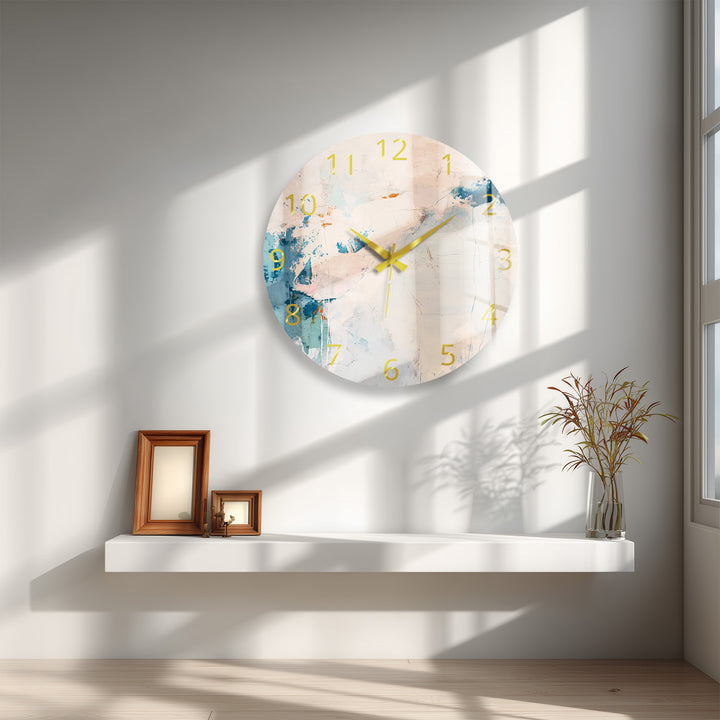 Neutral Abstract Glass Wall Clock – Beige and Blue Modern Decor