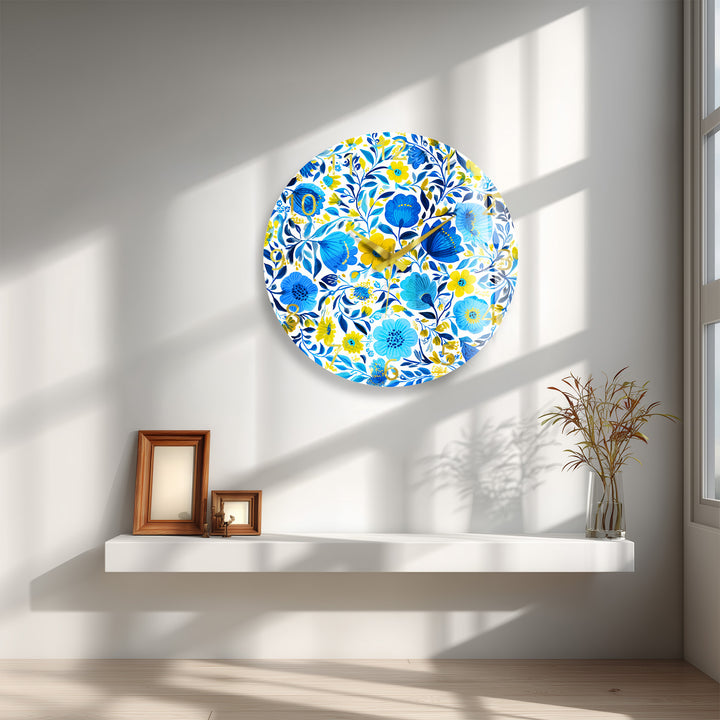 Blue and Yellow Floral Glass Wall Clock – Botanical Decor