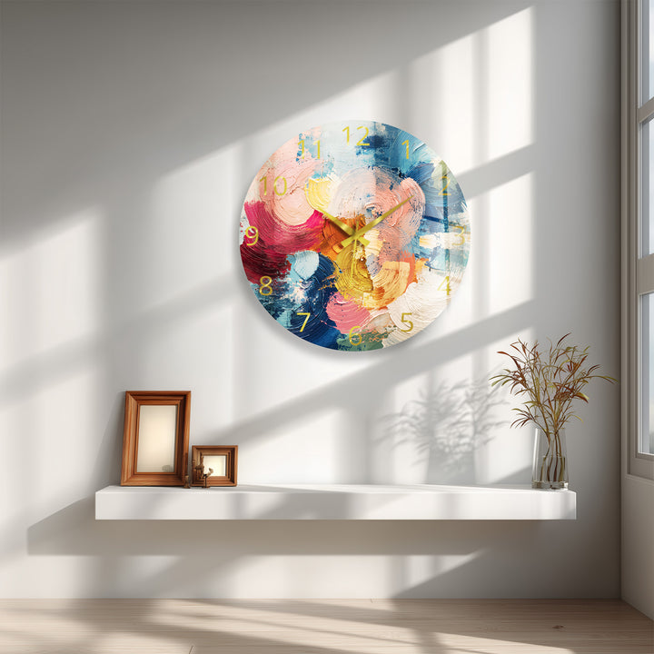 Colorful Abstract Glass Wall Clock – Textured Brushstroke Art