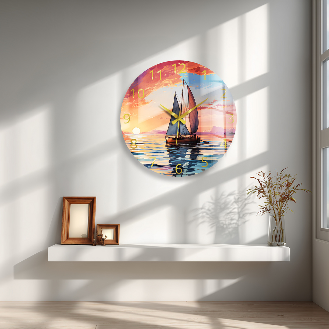 Sunset Sailboat Glass Wall Clock – Coastal Nautical Decor