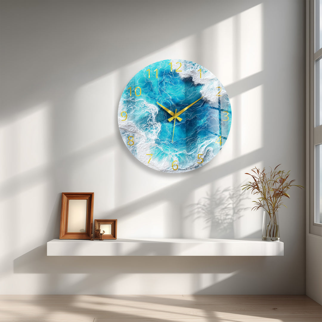 Ocean Waves Glass Wall Clock – Blue Coastal Beach House Decor