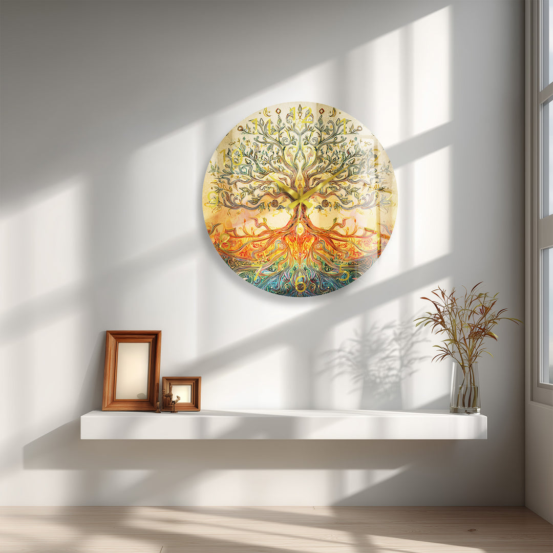 Golden Tree of Life Glass Wall Clock – Boho Botanical Decor