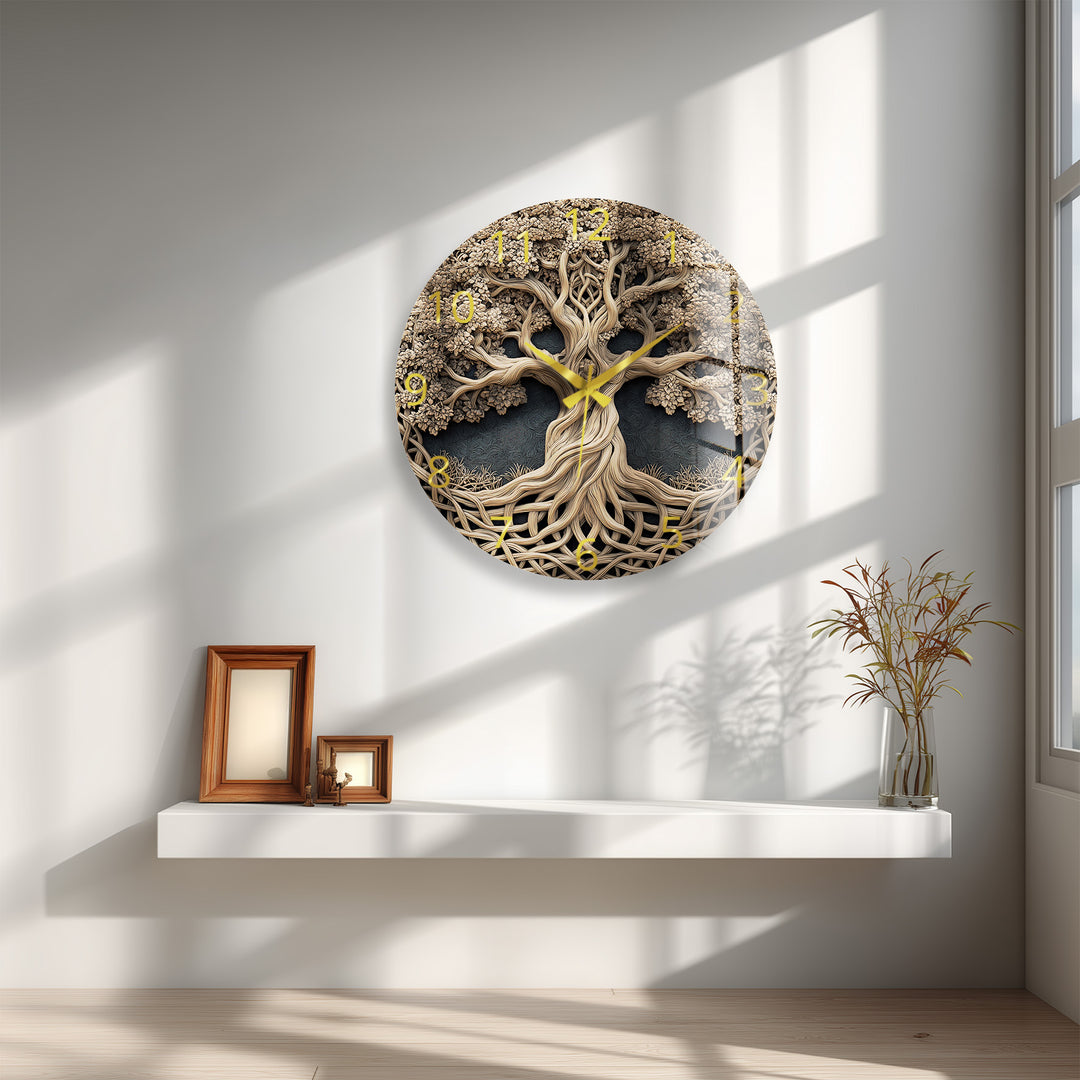 Baum des Lebens Glas-Wanduhr – Rustikale geschnitzte Holzoptik