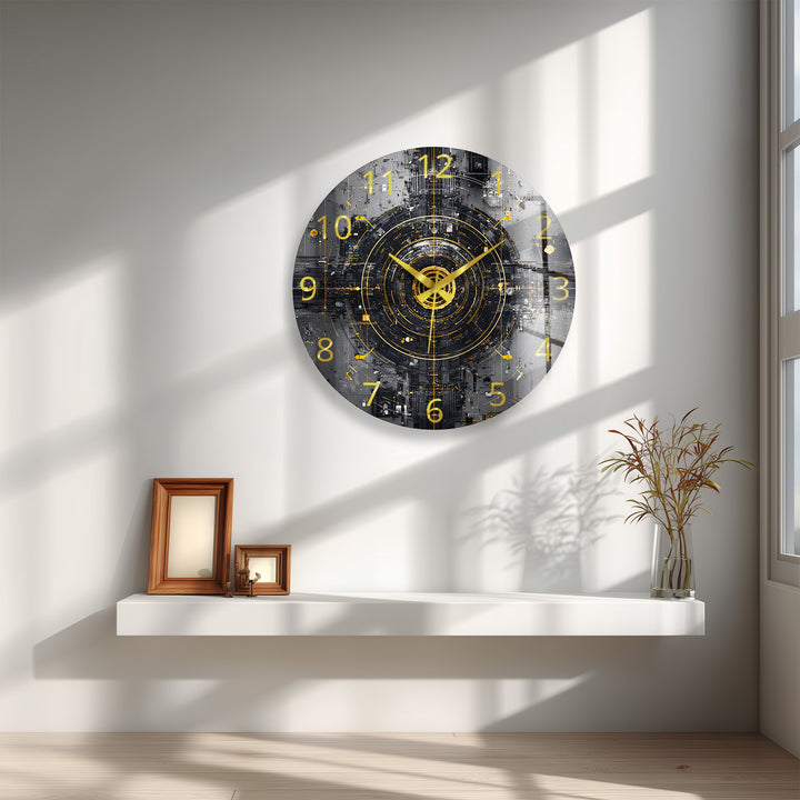 Industrial Abstract Glass Wall Clock – Black and Gold Tech Art