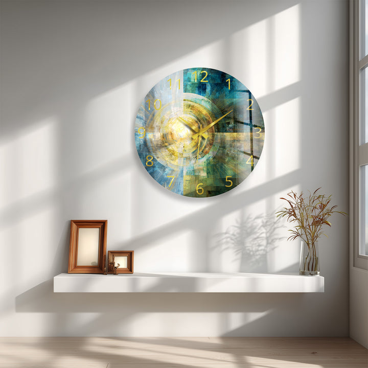 Teal and Gold Glass Wall Clock – Abstract Geometric Art