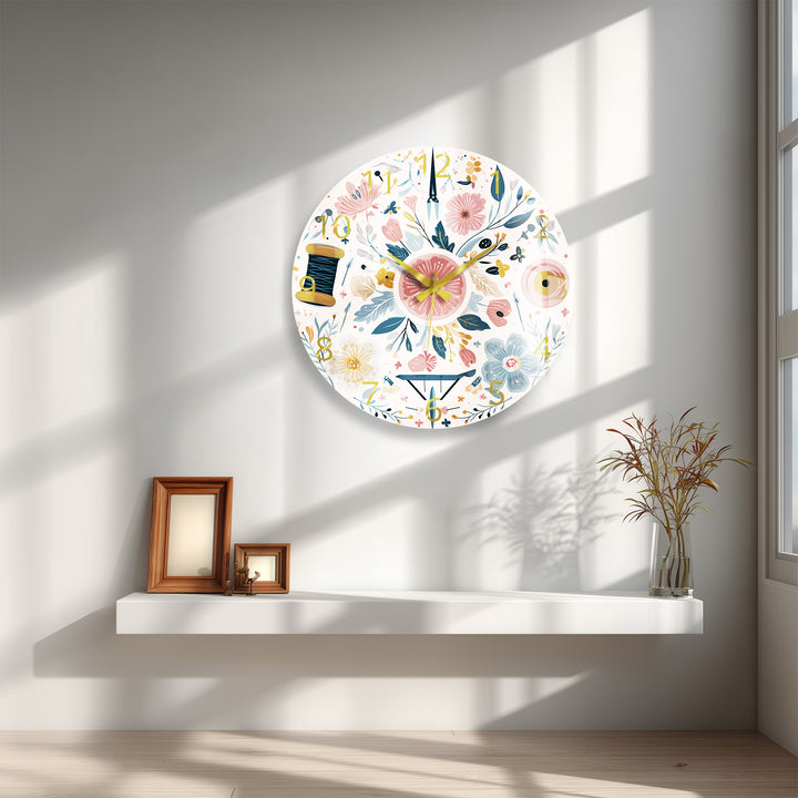 Floral Sewing Glass Wall Clock – Craft Room Decor