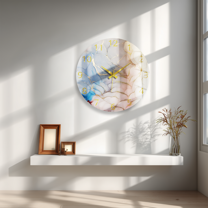 Pastellrosa und blaue Marmorglas-Wanduhr