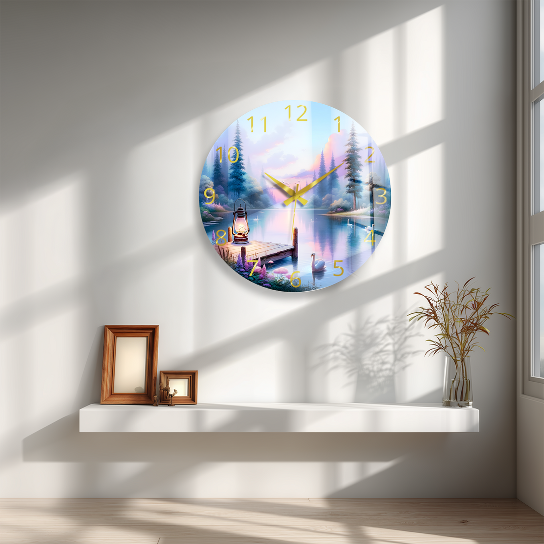 Swan Lake Glass Wall Clock – Pastel Forest Landscape