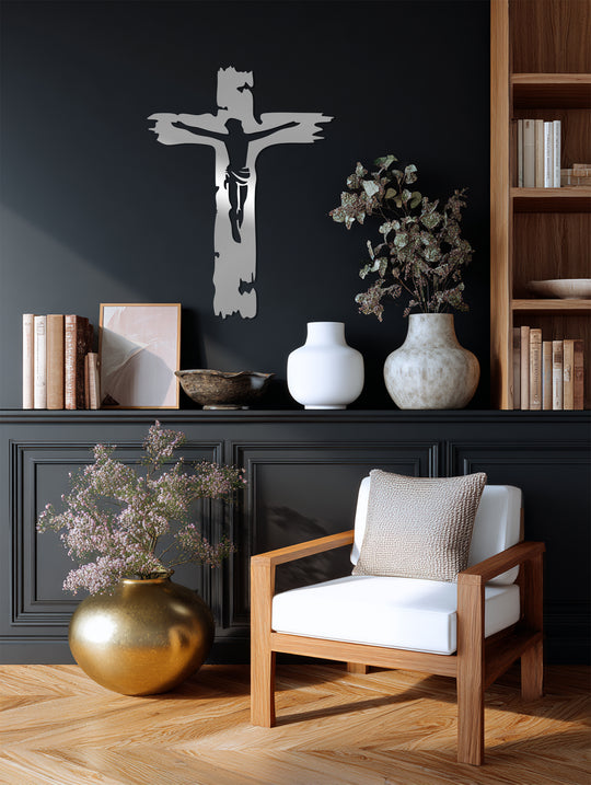 Flowing with a dynamic energy, this Jesus on Cross metal decoration wall art seems to leap from the dark wall, its metallic sheen amplifying its lifelike essence.
