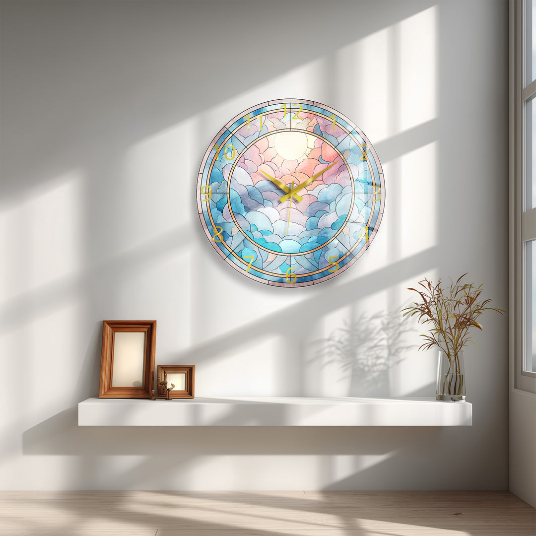 Pastel Cloud Glass Wall Clock – Stained Glass Style Decor