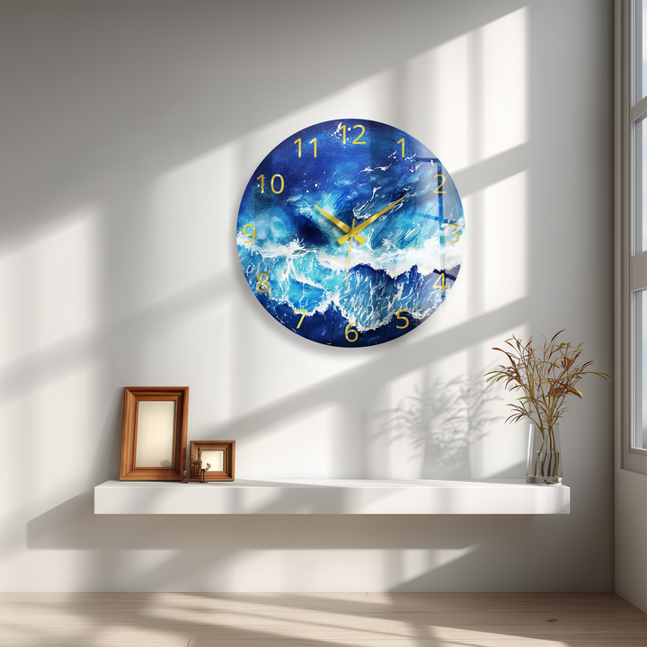 Abstract Blue Ocean Glass Wall Clock – Coastal Wave Art