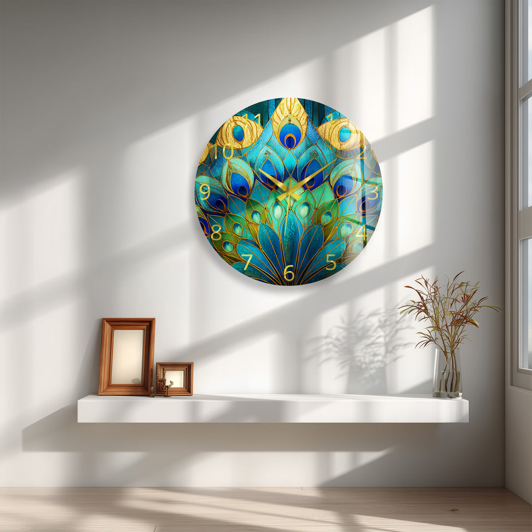 Peacock Feather Glass Wall Clock – Blue Art Nouveau Decor