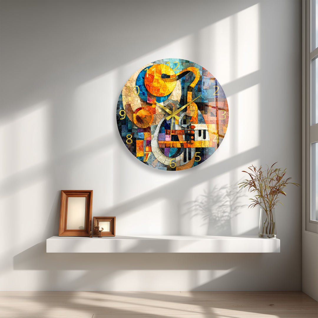 Music Glass Wall Clock – Treble Clef and Piano Mosaic Decor
