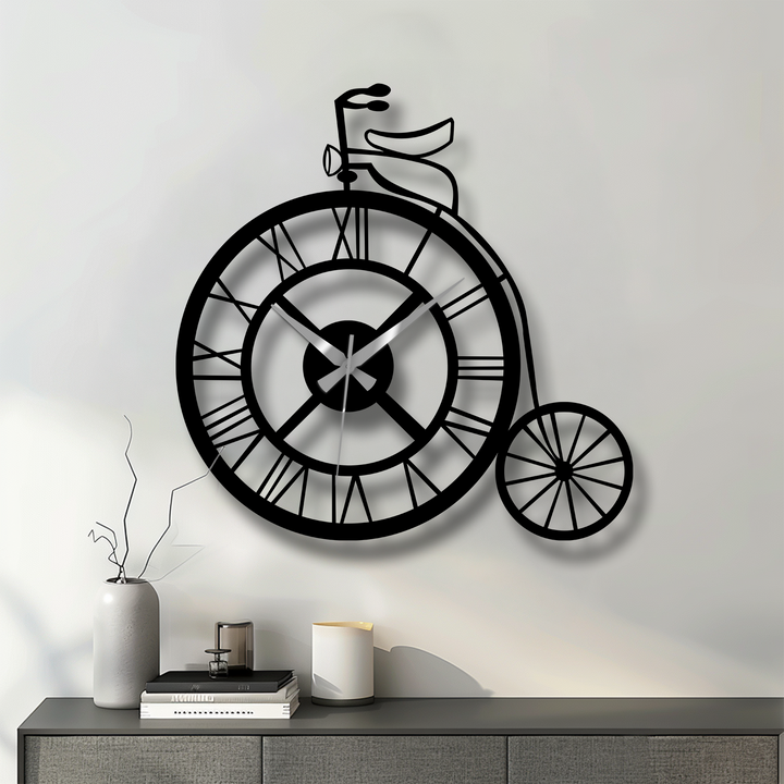 Negative space highlights the decorative metal art in this vintage bicycle wall clock, with its penny-farthing design casting subtle shadows on the wall.