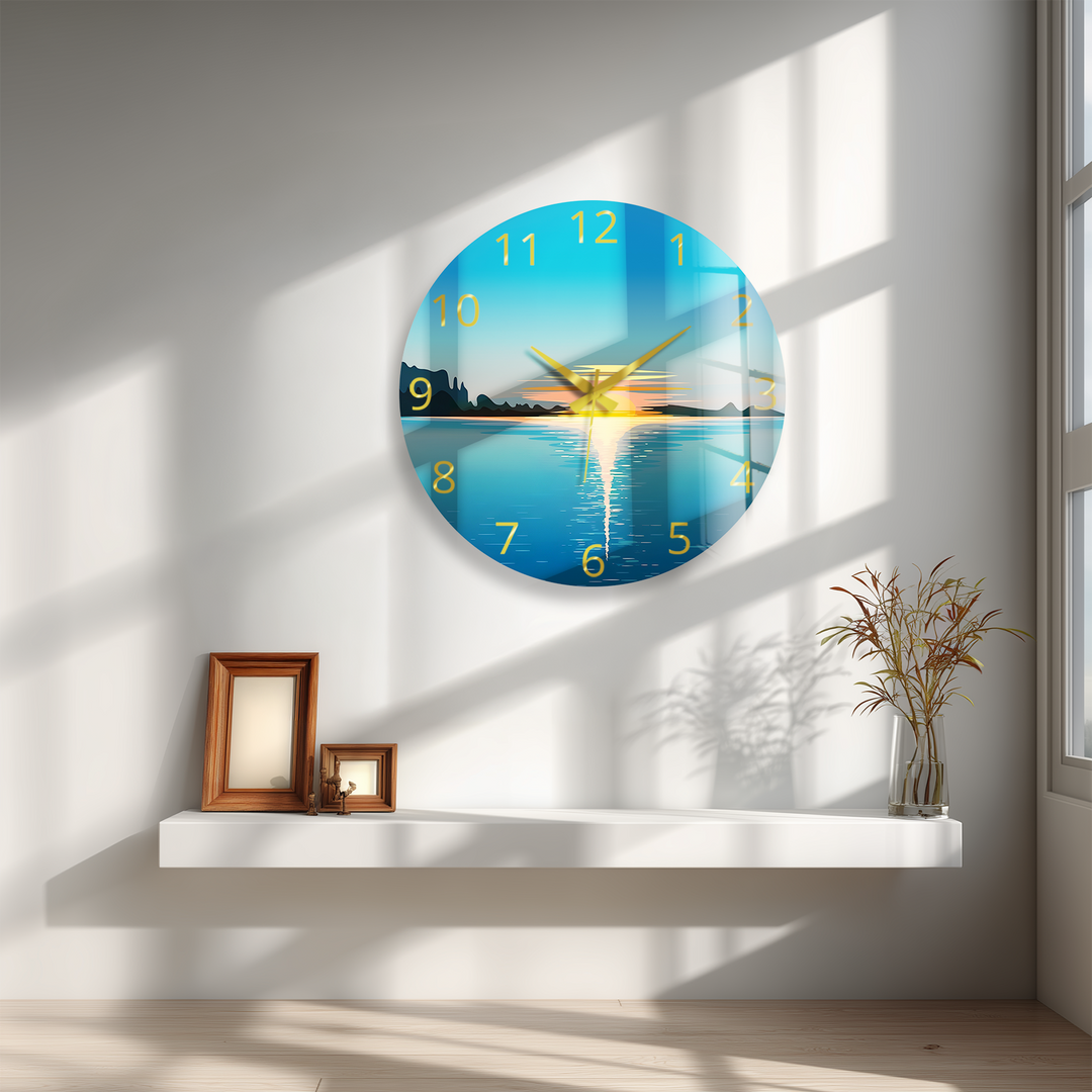 Minimalist Ocean Sunset Glass Wall Clock – Coastal Decor