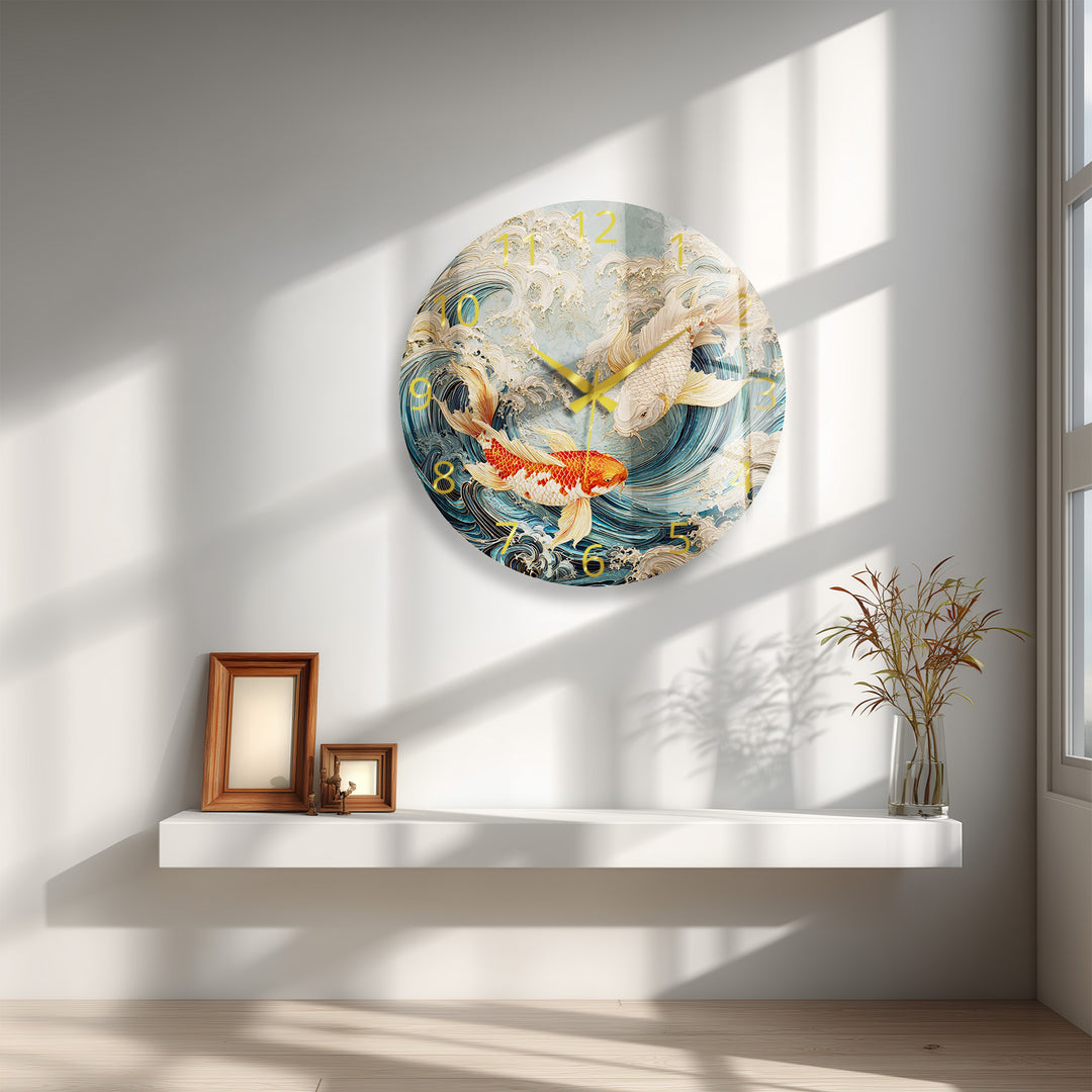 Japanese Koi Fish Glass Wall Clock – Blue Ocean Wave Art