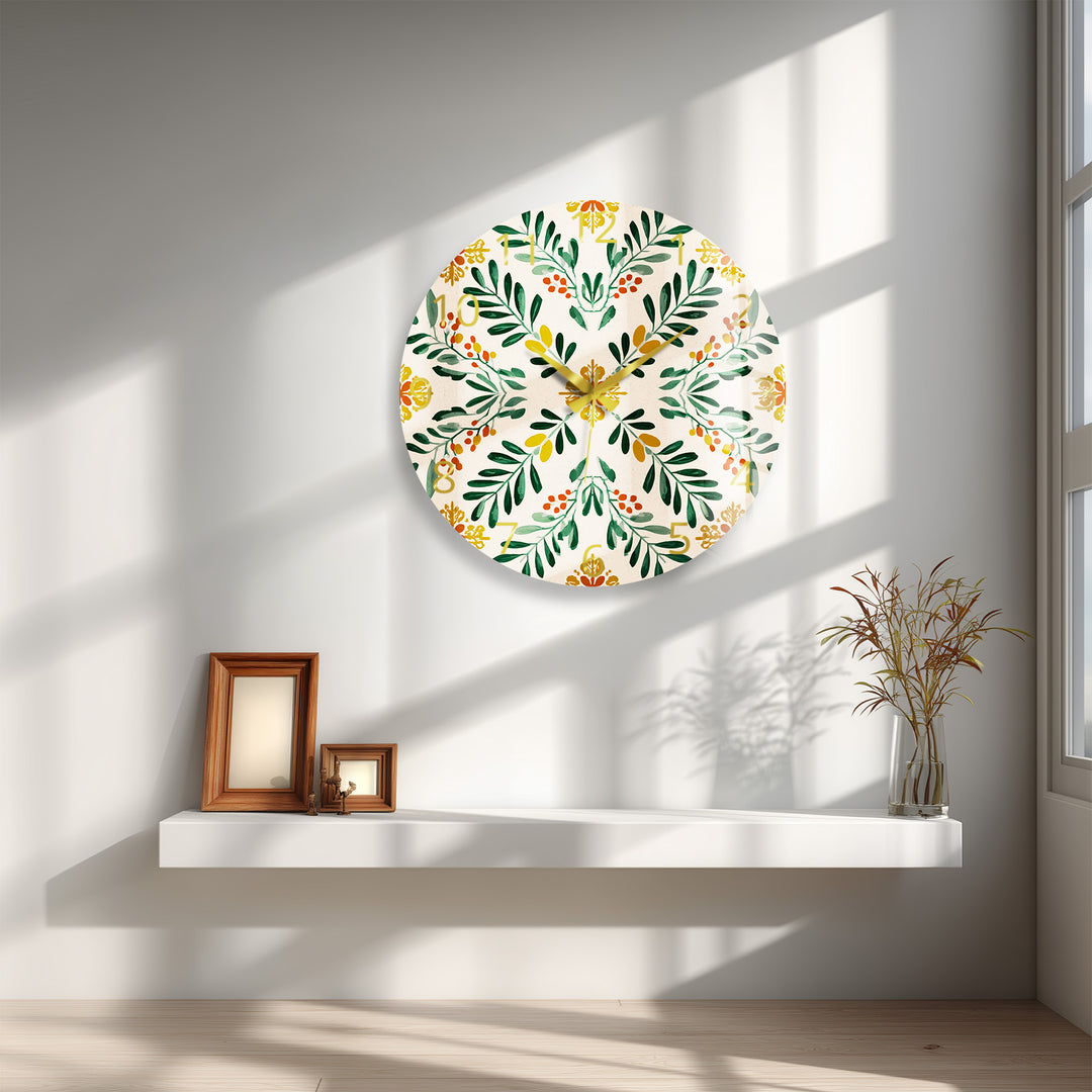 Botanical Glass Wall Clock – Green Leaf Farmhouse Decor