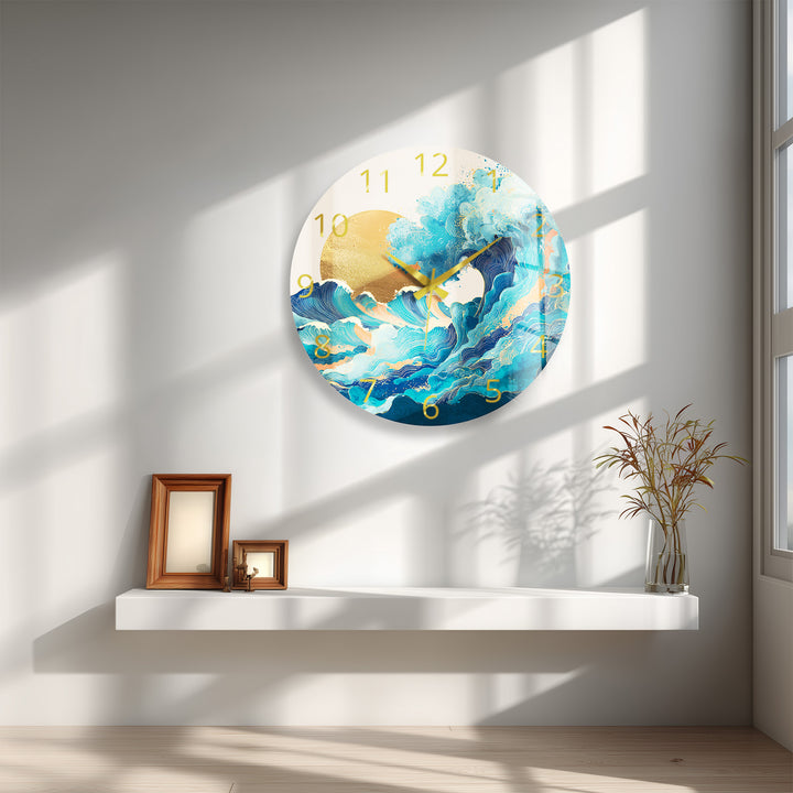 Japanese Wave Glass Wall Clock – Blue Ocean Sunset Art Decor