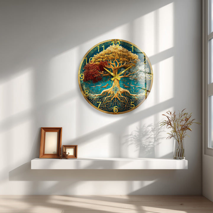 Four Seasons Tree of Life Glass Wall Clock – Botanical Decor