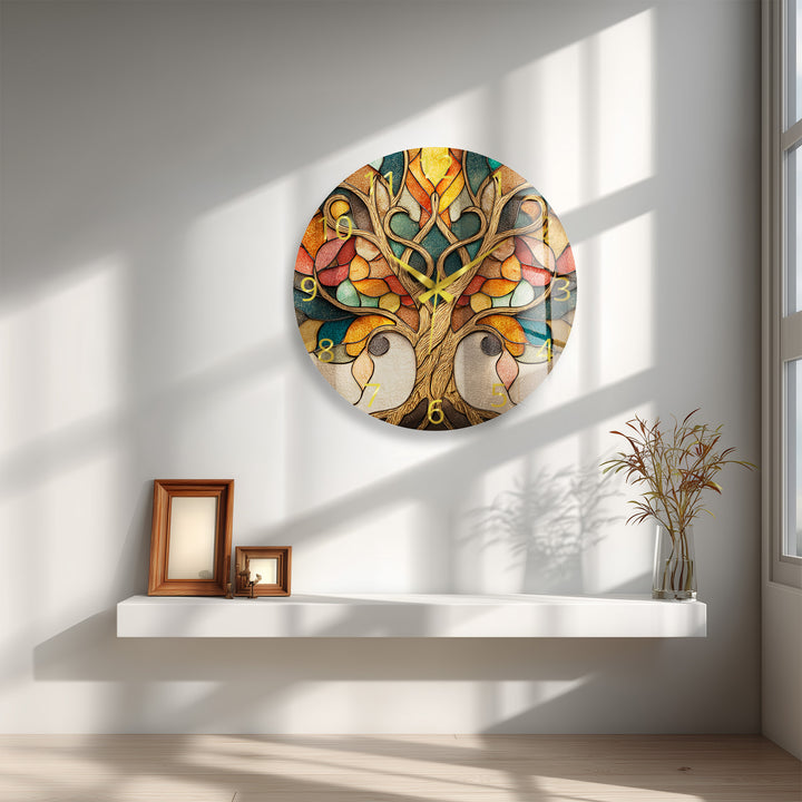 Autumn Tree of Life Glass Wall Clock – Stained Glass Style Decor