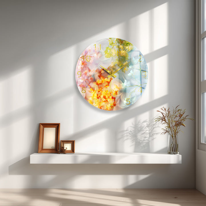 Pastel Floral Glass Wall Clock – Dreamy Botanical Decor