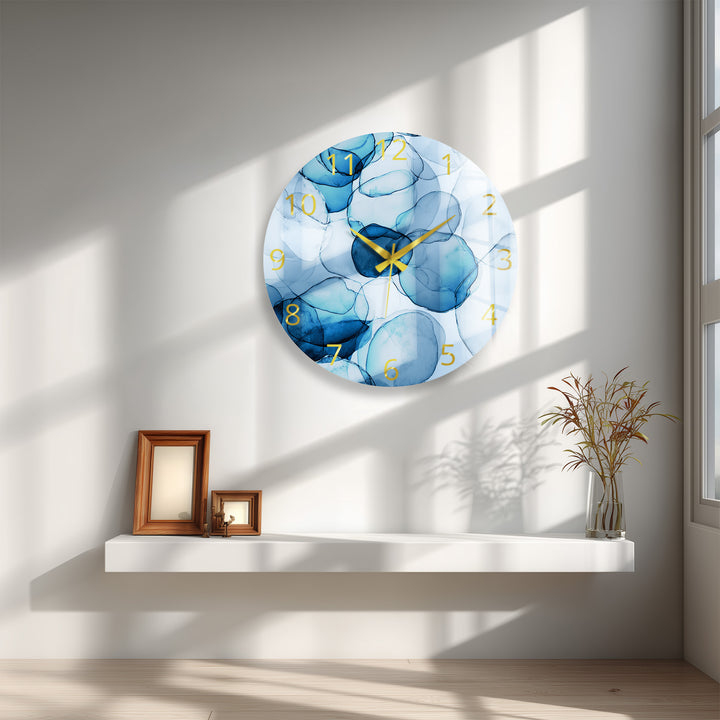Blue Abstract Glass Wall Clock – Modern Alcohol Ink Art