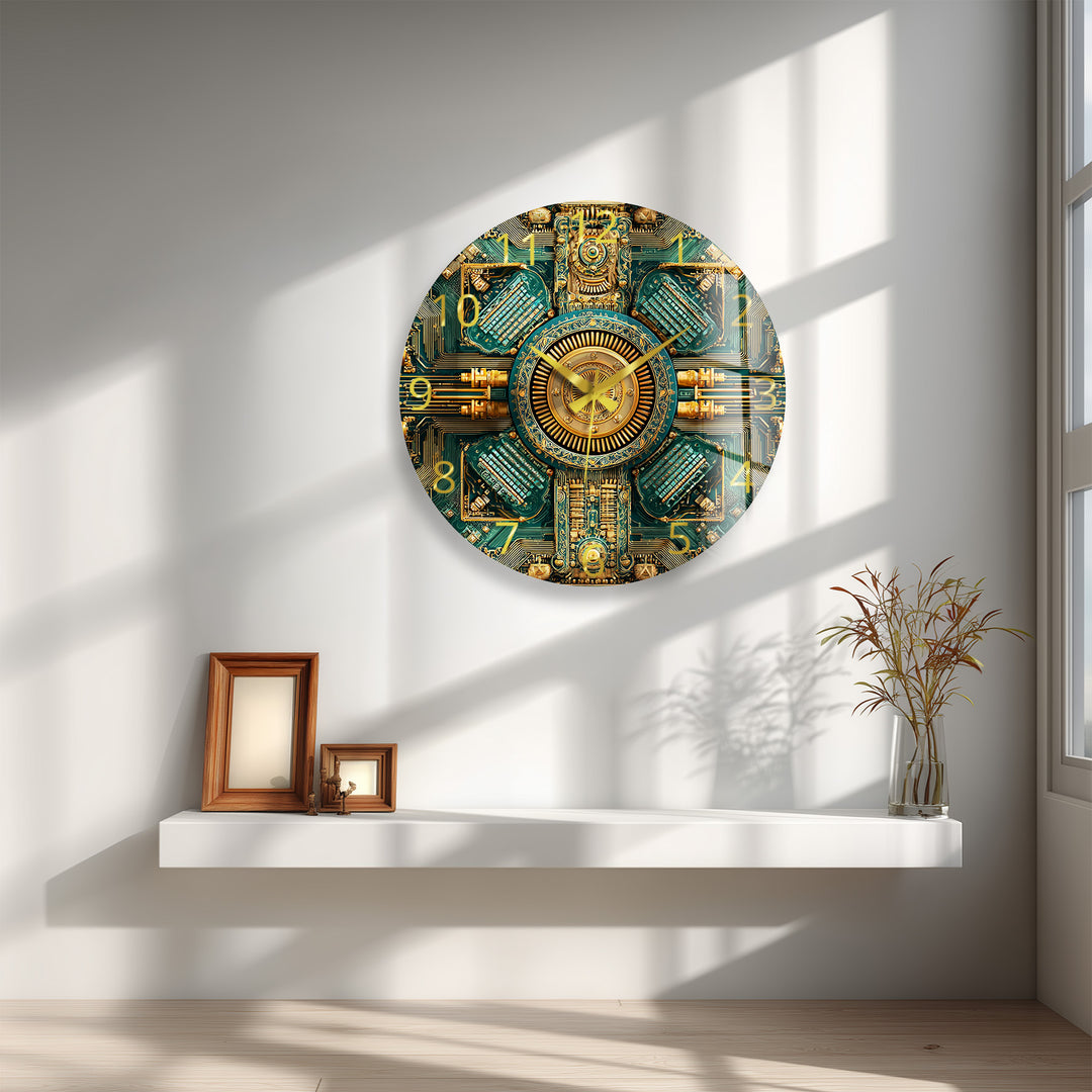 Steampunk-Wanduhr aus Glas – goldenes mechanisches Zahnraddekor