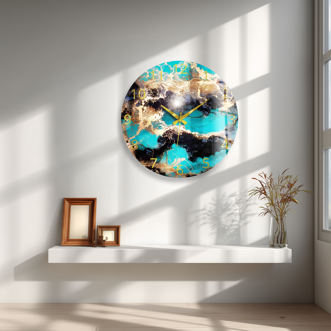 Turquoise and Gold Glass Wall Clock – Abstract Marble Decor