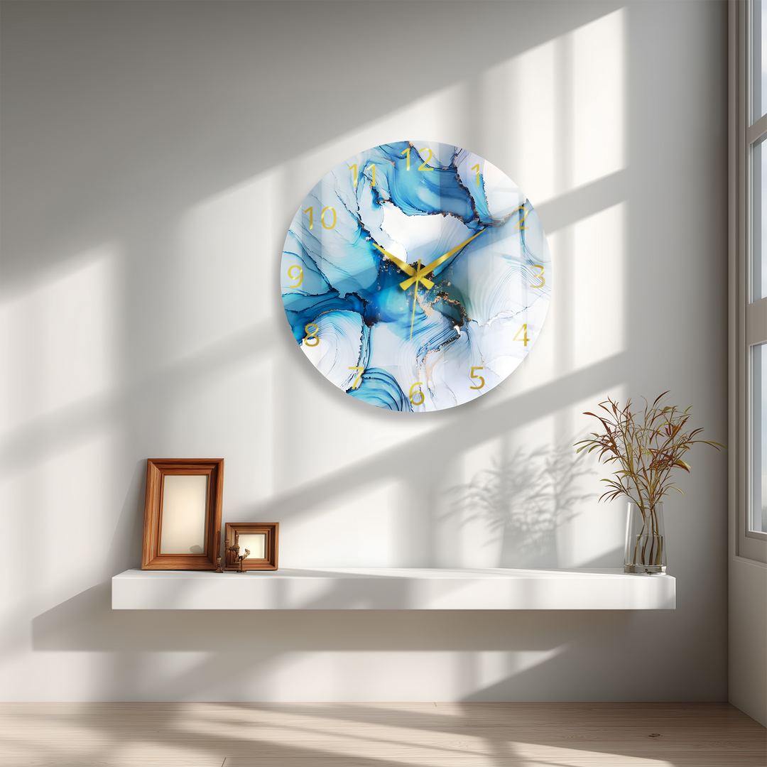 Blaue Marmorglas-Wanduhr – Abstraktes fließendes Kunstdekor