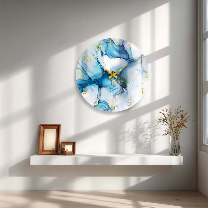 Blaue Marmorglas-Wanduhr – Abstraktes fließendes Kunstdekor