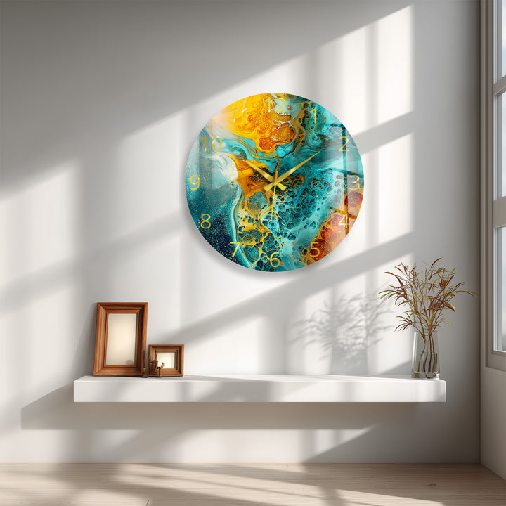 Fluid Art Glass Wall Clock – Teal and Gold Abstract Pour Decor