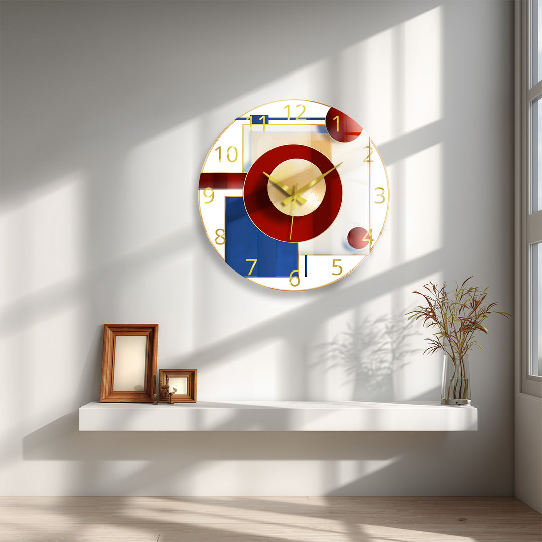 Burgundy and Navy Glass Wall Clock – Modern Geometric Gold Art
