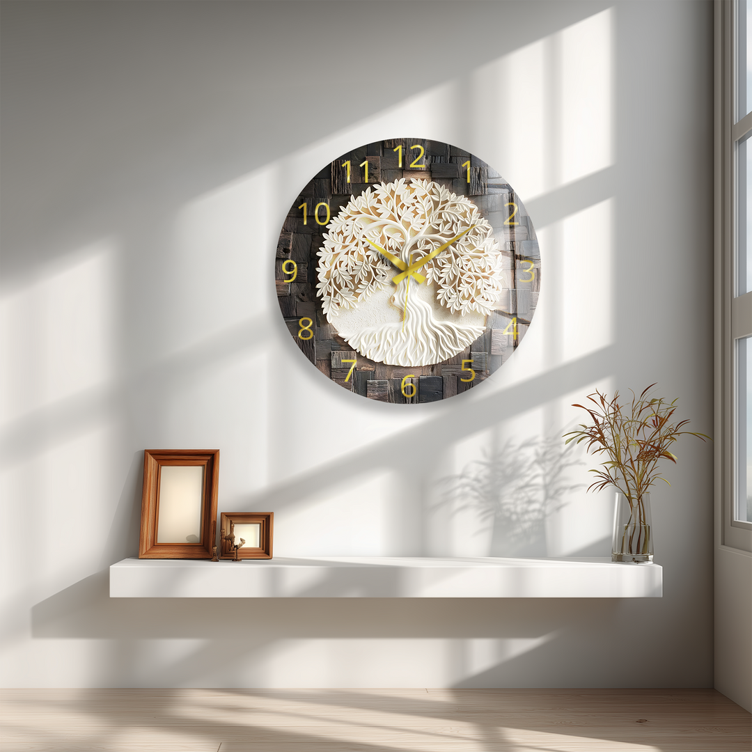 Tree of Life Glass Wall Clock – Rustic Wood Look Decor